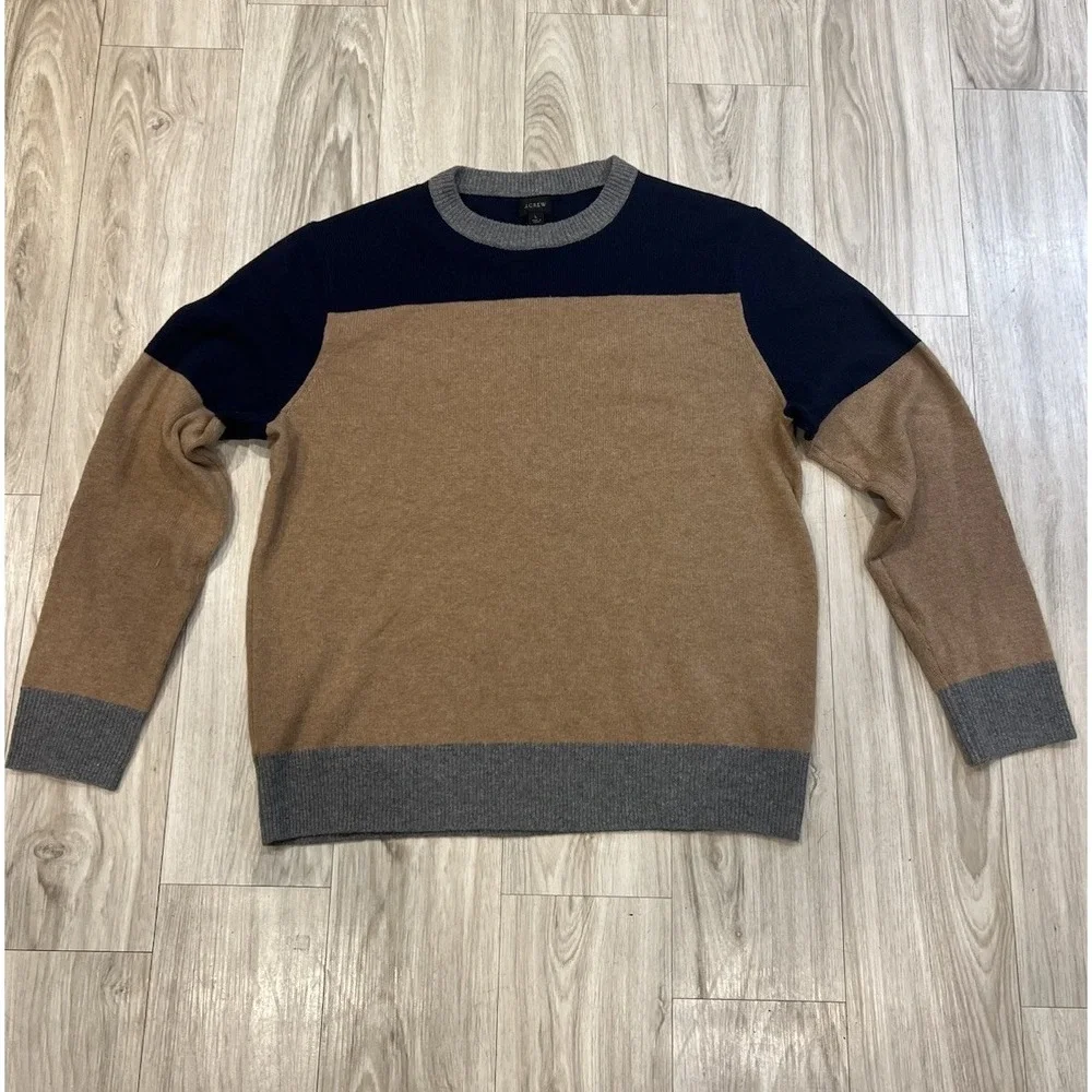 J Crew Sweater Mens 100% Wool Crewneck Tan/Blue/Silver Color-block EUC Large